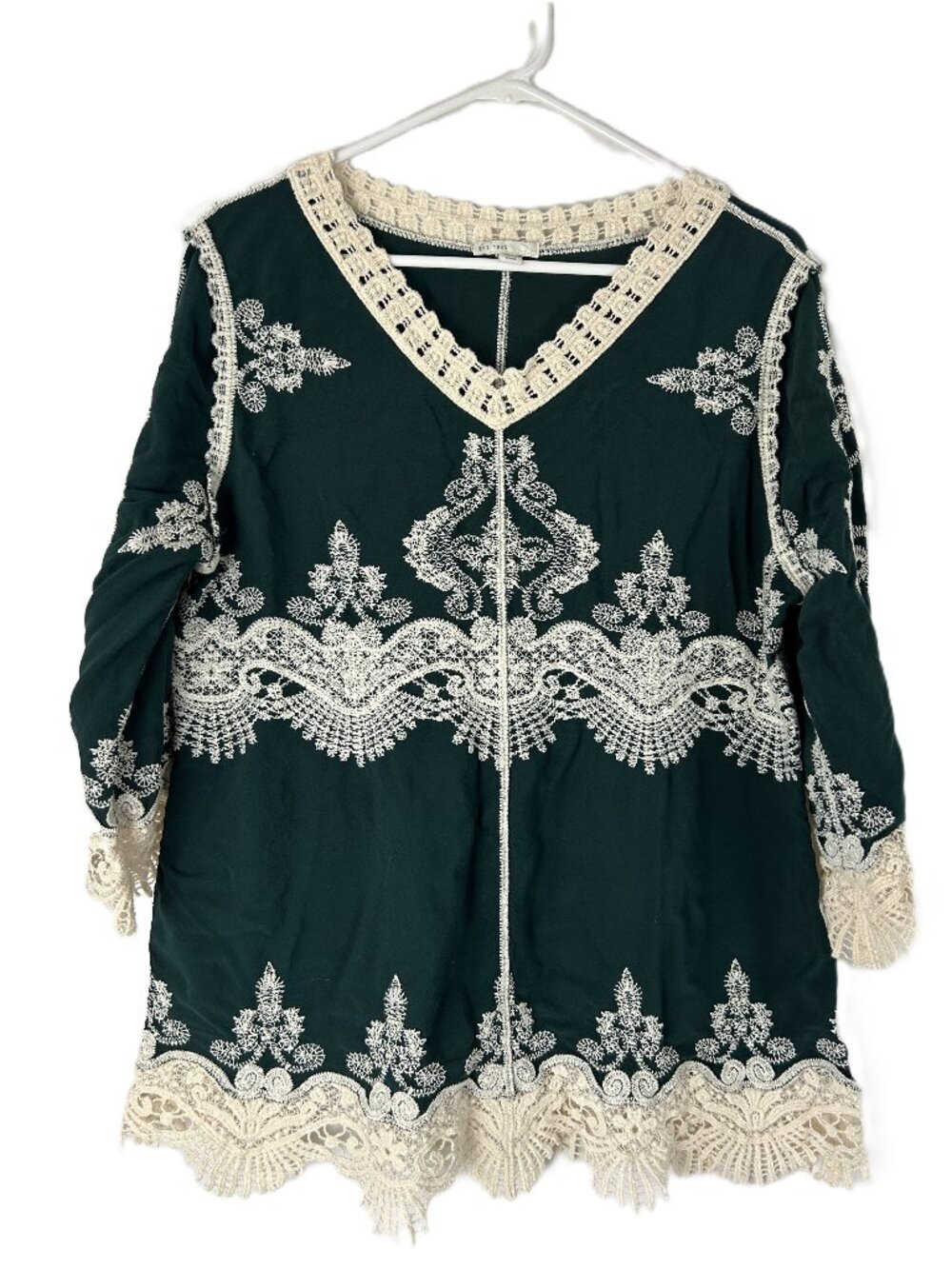 Est 1946 Embroidered Lace Trimmed Boho Festival Top Emerald Green XL